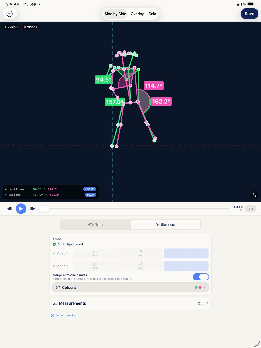 Merged skeleton view on iPad with angle labels for both reps