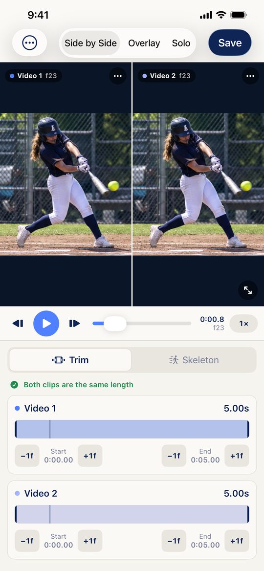 Video Overlay on iPhone comparing two softball swings side by side, with trim controls for both clips