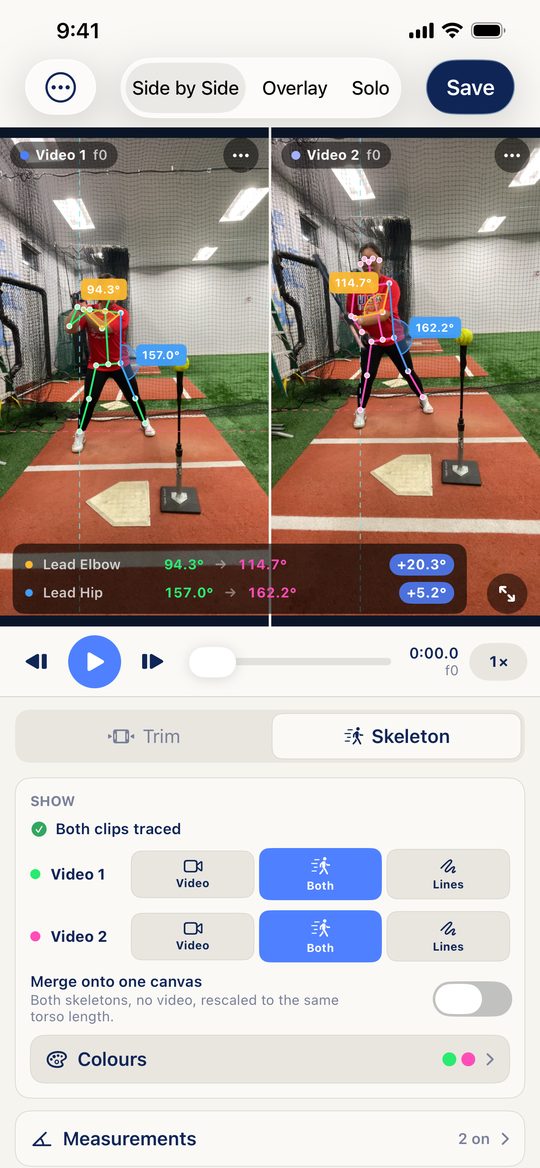 Video Overlay measuring lead elbow and lead hip angles on two batting-cage swings